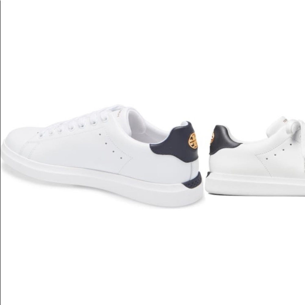 Tory Burch White Leather Sneakers with Navy Heel and Gold Emblem